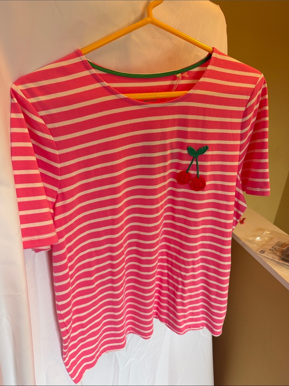 Boden Pink and White Stripe Short Sleeve Tee with Cherry Motif